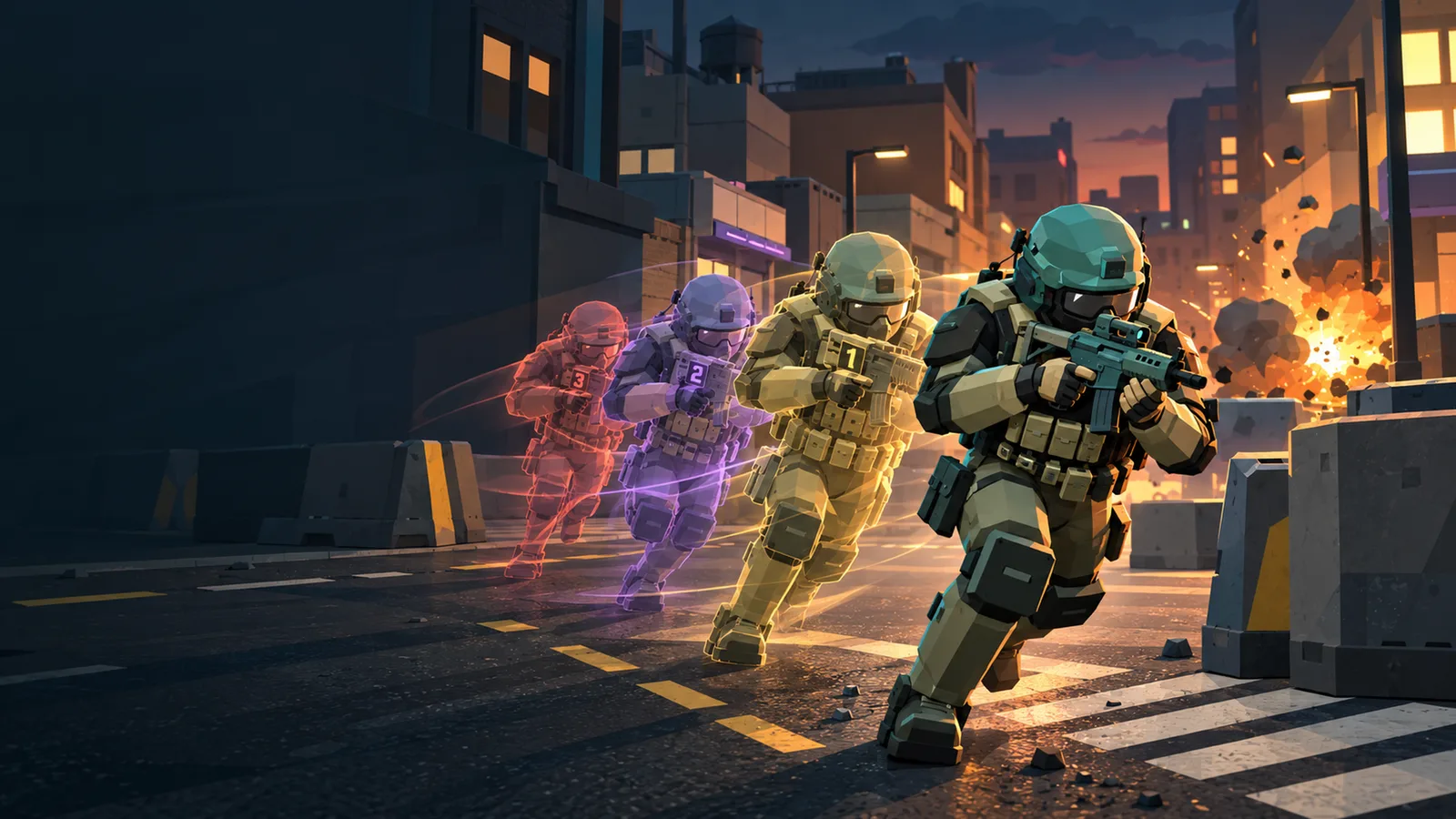 Squad of One art: a commando runs down a city street followed by coloured echoes of earlier runs